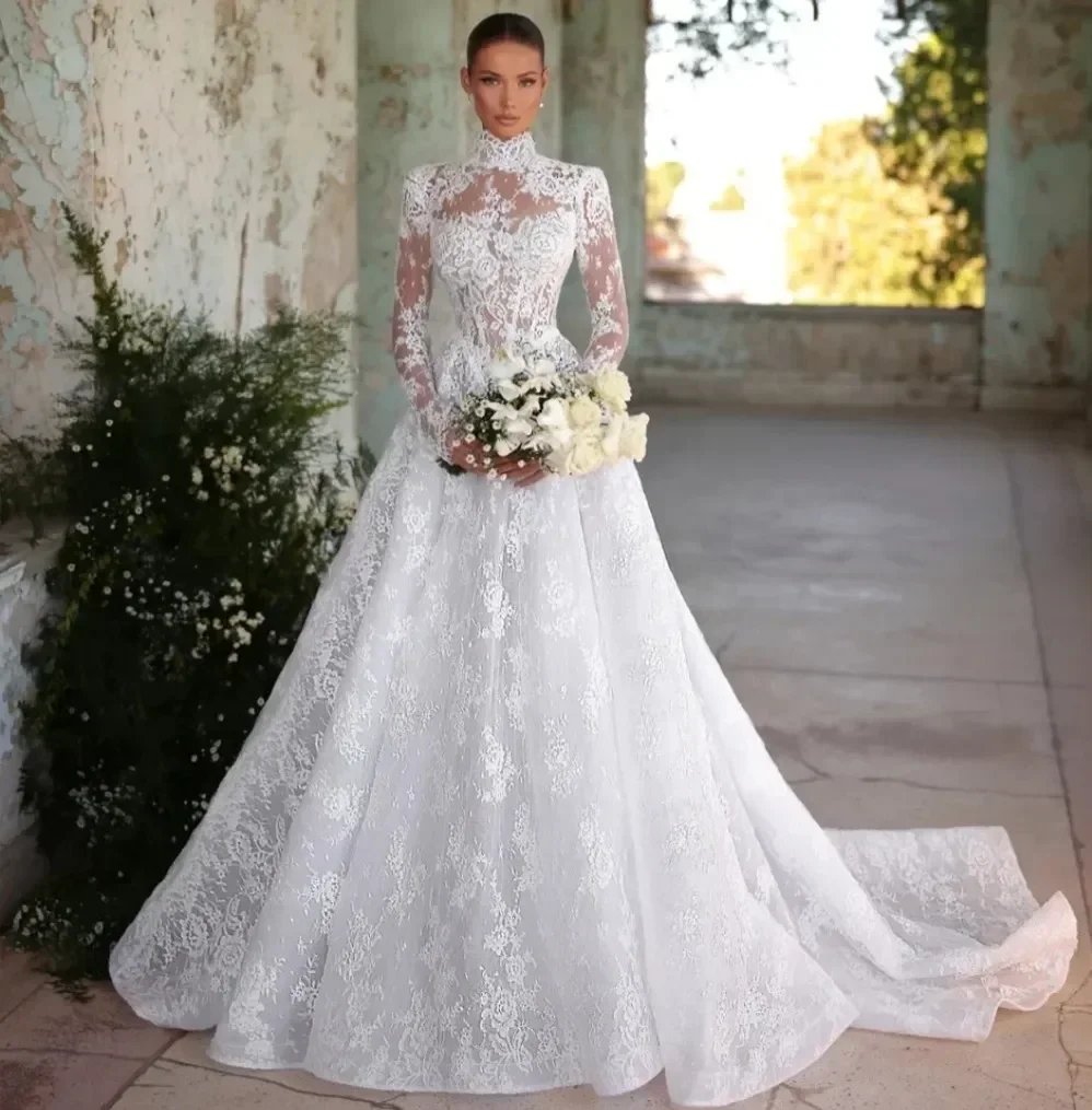 

Elegant A Line Lace Wedding Dress Customization High Collar Long Sleeve Bride Gowns for Women's Vestidos De Novia