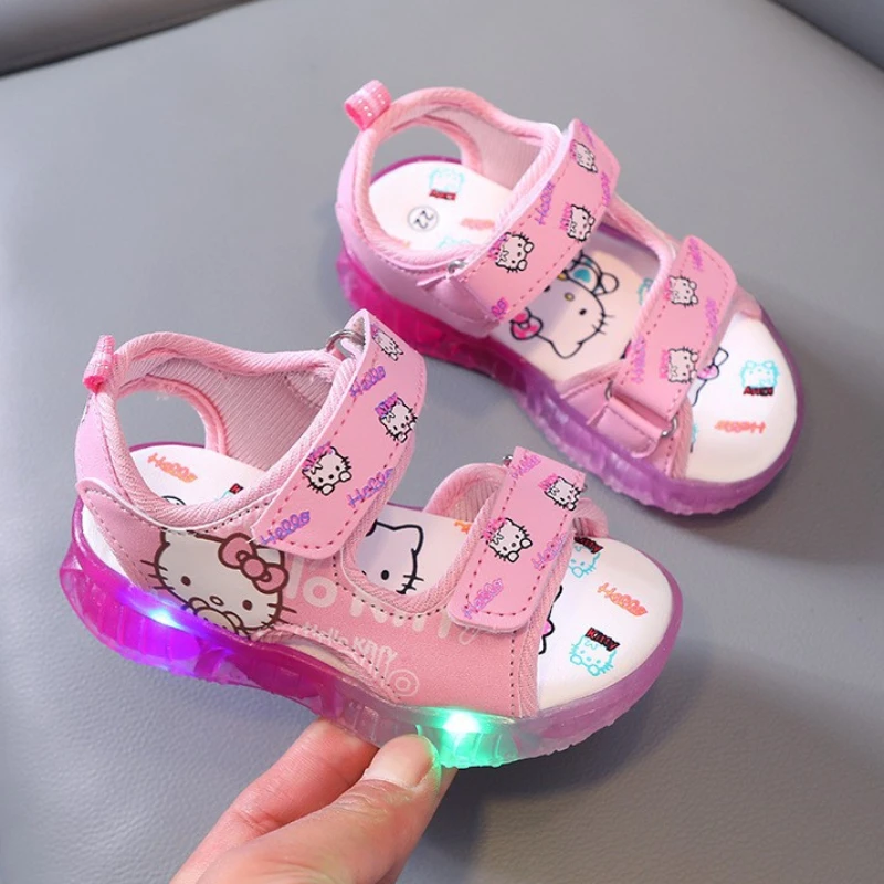 2024 Summer New Baby Led Light Girls Sandals Cute Hello Kitty Children\'s Casual Shoes Anti-slip Kids Beach Shoes Outdoor Shoes