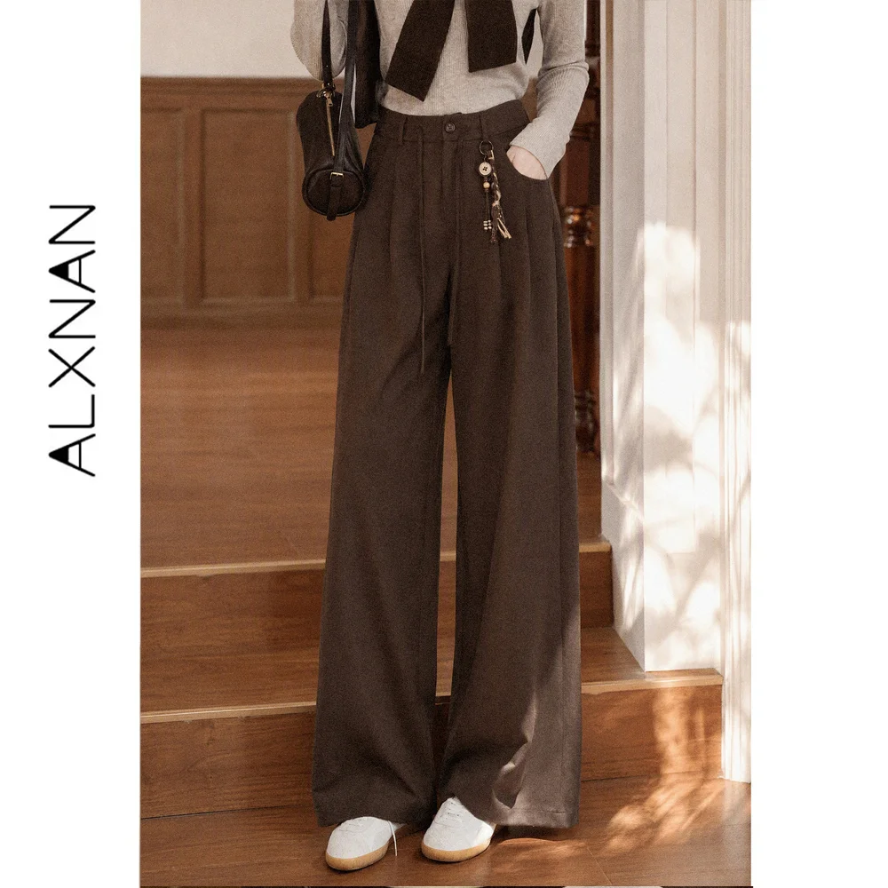 ALXNAN Women's Pants Brown High Waist Wide Leg Loose Fit Slimming Female Clothing New Autumn 2026 Trousers L67969A