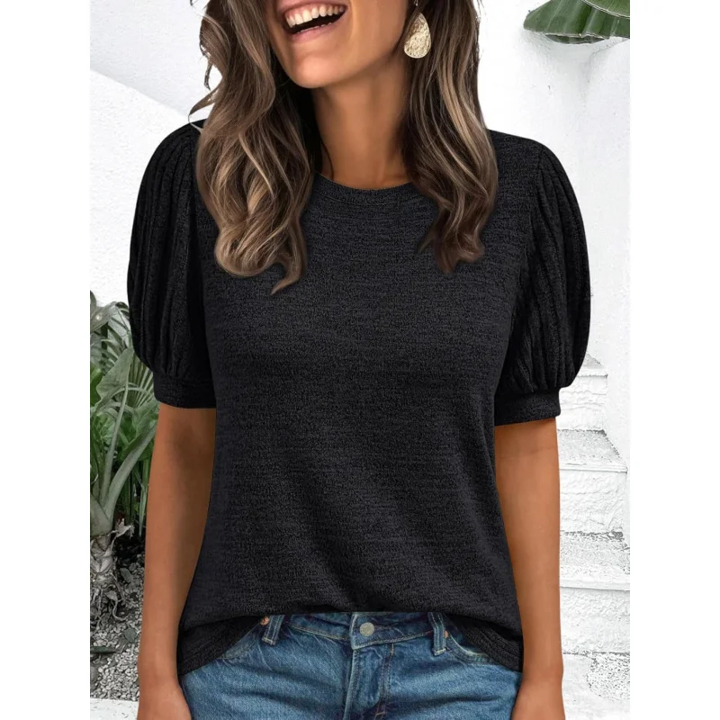 

2026 Spring/Summer Round Neck Solid Color Elastic Sleeve Short Sleeve Top Women | Casual Style, Shirred Detail, SCACTO