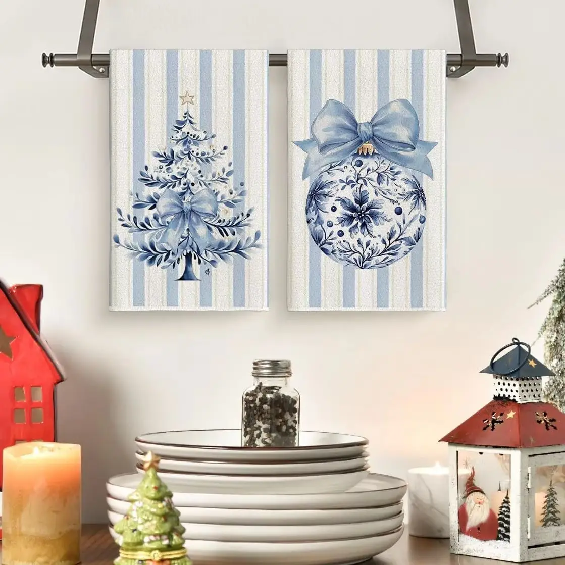 قطعتان، مناشف مطبخ شجرة عيد الميلاد من البورسلين الأزرق والأبيض، مجموعة مناشف 40 سم * 60 سم، قماش تنظيف ناعم فائق الامتصاص، منشفة شاي للطبخ والخبز، منشفة شاي، قماش تنظيف، ديكور غرفة المطبخ، أساسيات المطبخ، مواد المطبخ