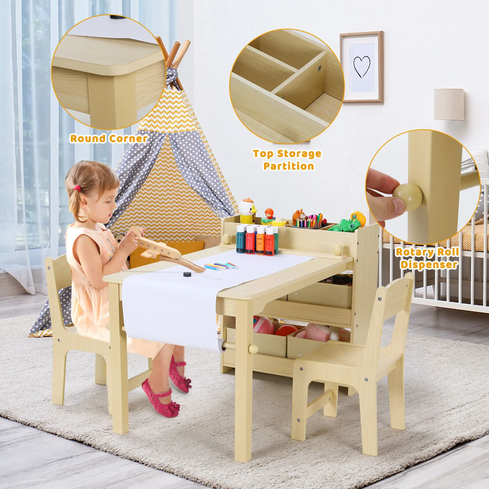 Juego de mesa y silla de arte para niños con 2 sillas, mesa artesanal de madera con estantes de almacenamiento, contenedores de lona, rollo de papel, mesa de sala de juegos para niños