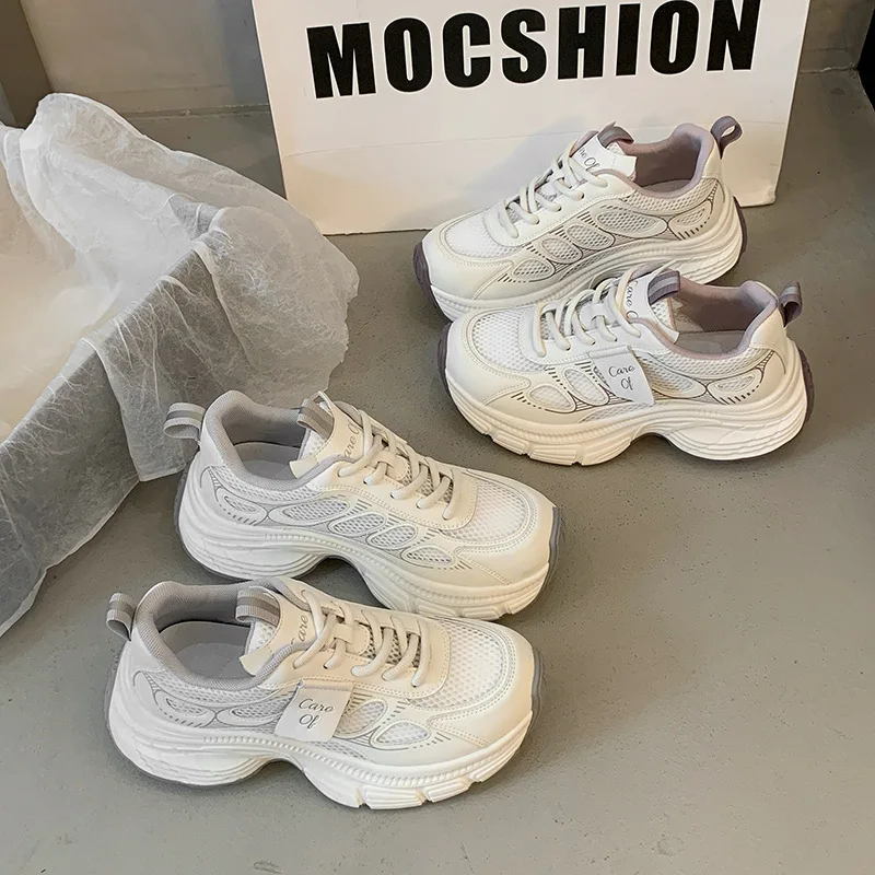 

Women's Genuine Leather Mesh Breathable White Sneakers 2025 Height-Increasing Soft Sole Casual Shoes for Petite Women