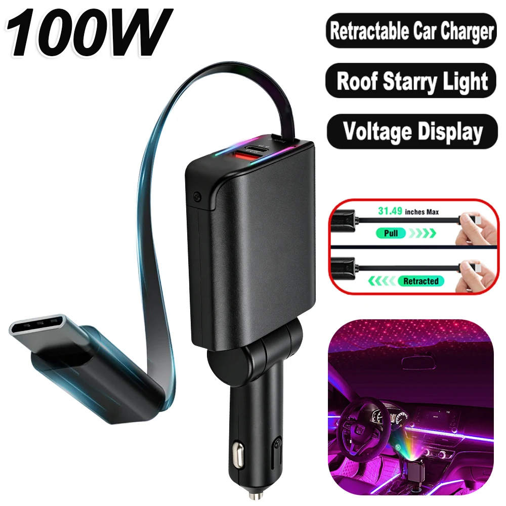 100W Retractable Car Charger Fast Charging with Roof Starlight For Huawei Samsung Fast Charging Cord Cigarette Lighter Adapter
