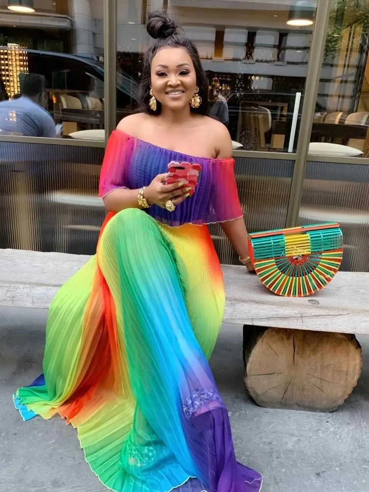Sukienka damska afrykańska z odkrytymi ramionami, w kolorach tęczy, długa, modna, z plisowaną dekoracją, wykonana z poliestru, luźna, plus size.