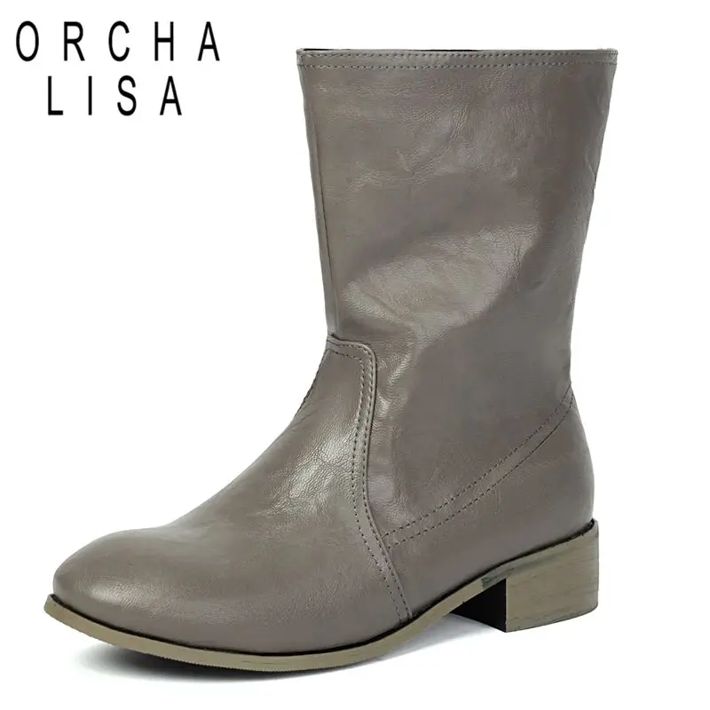 

ORCHA LISA Винтажные женские сапоги до середины икры с круглым носком на толстом каблуке 3 см, большой размер 45 46 47 48 Повседневные женские ботильоны для отдыха серо-коричневые