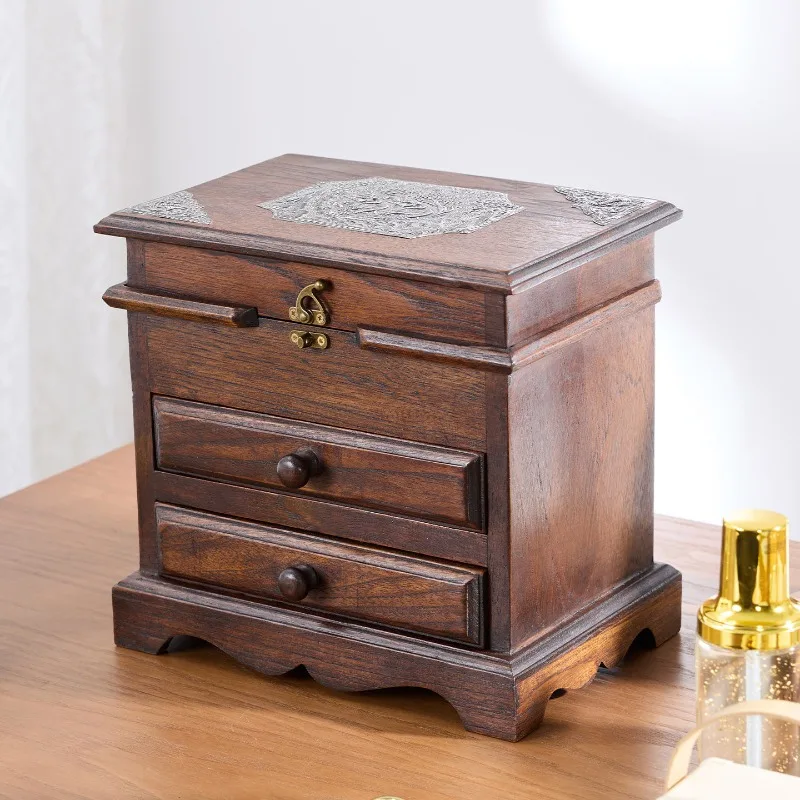 

Lockable Solid Wood Jewelry Box with Mirror, Multi-Layer Vanity Storage Organizer for Bedroom Dresser, Secure Gift for Women