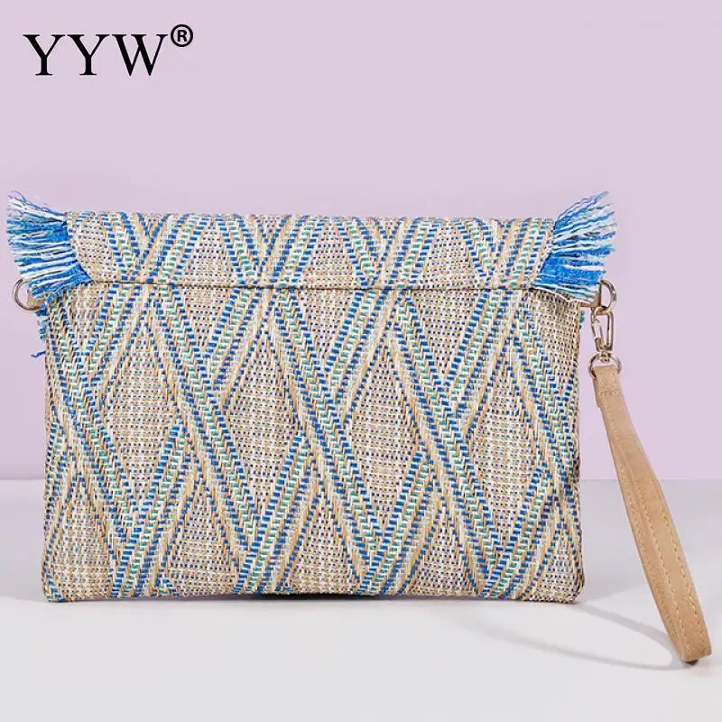 Raffia Woven Clutch Women\'S Fashion Tassel Dinner Straw Bag Woman Summer Casual Vacation Handbags Female Large Purse Pouch 2023