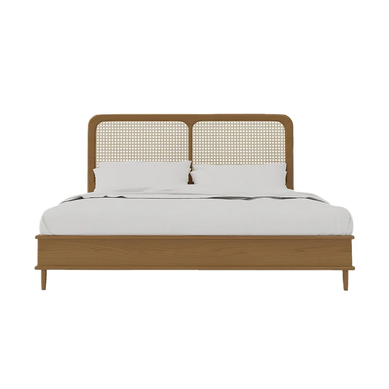 

Solid wood double bed, custom Nordic rattan bed, hotel homestay 1.5 meters 1.8 meters solid wood rattan bed