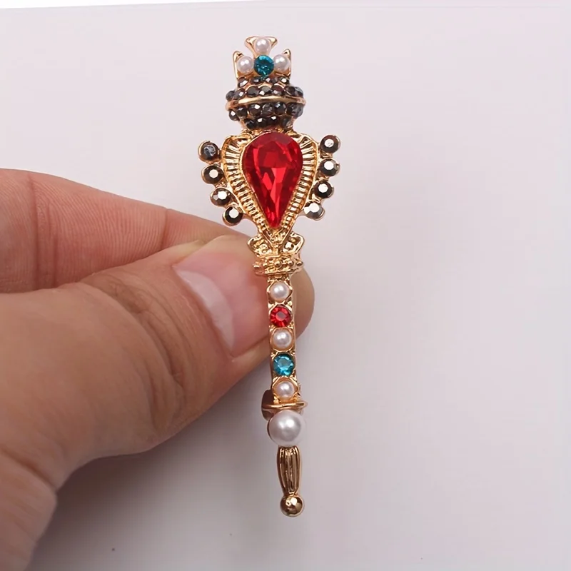 Vintage Baroque Crown & Cross Magic Wand Brooch Pin with Red Heart Rhinestone