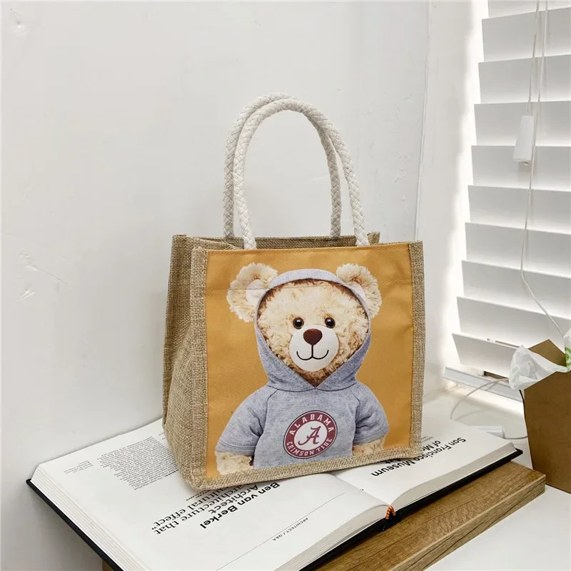 Portable Canvas Women Cute Bear Handbag Soft Plush Tote Simple Cloth Shopper Printing Bear Eco Shoulder Bag Purses for Girls