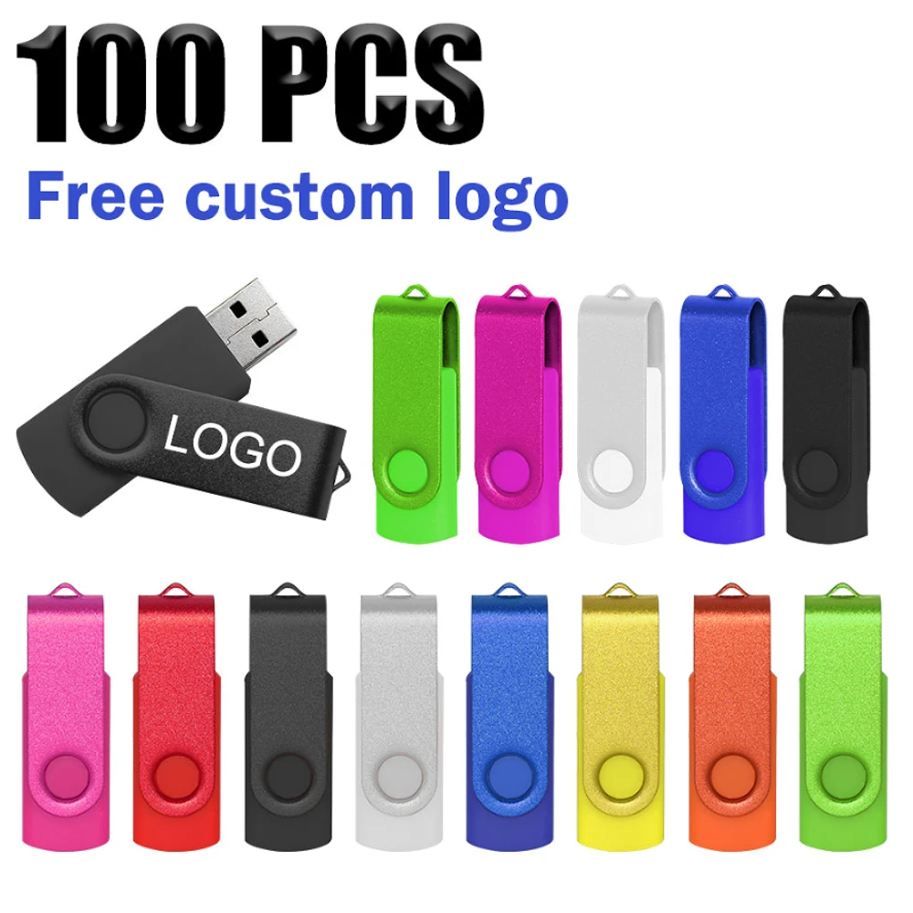100 шт. USB-флешки с логотипом на заказ, цветные металлические, 64 ГБ, 32 ГБ, 16 ГБ, 8 ГБ, 128 МБ, USB-накопители, флеш-