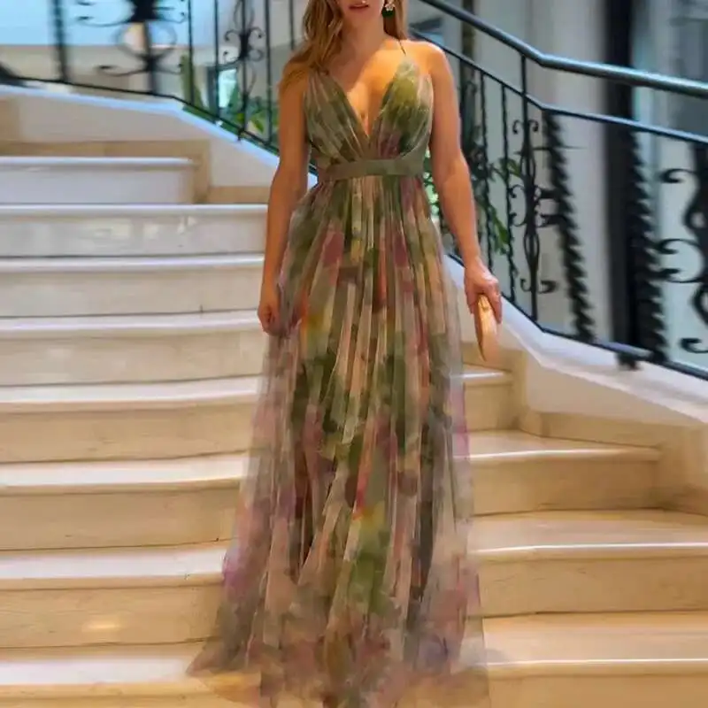 Summer Sexy V Neck High Waist Pleated Long Elegant Off Shoulder Swing Beach Dresses New Mesh Printed Women's Evening Dress