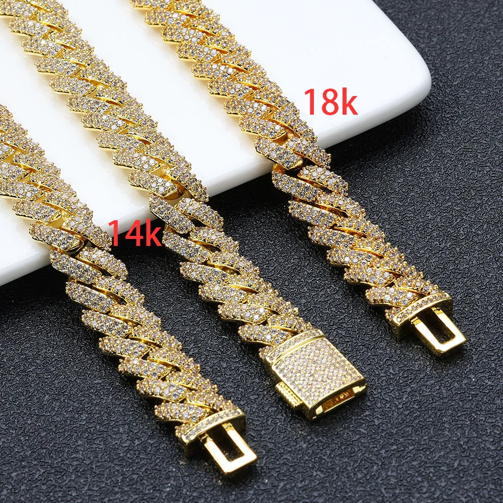 HHIOK 10mm Miami Cuban Link Chain Double Row 5A Zircon Rhombus 14k Gold Plated Iced Out Cuban Necklace Men Hip Hop Bling Jewelry