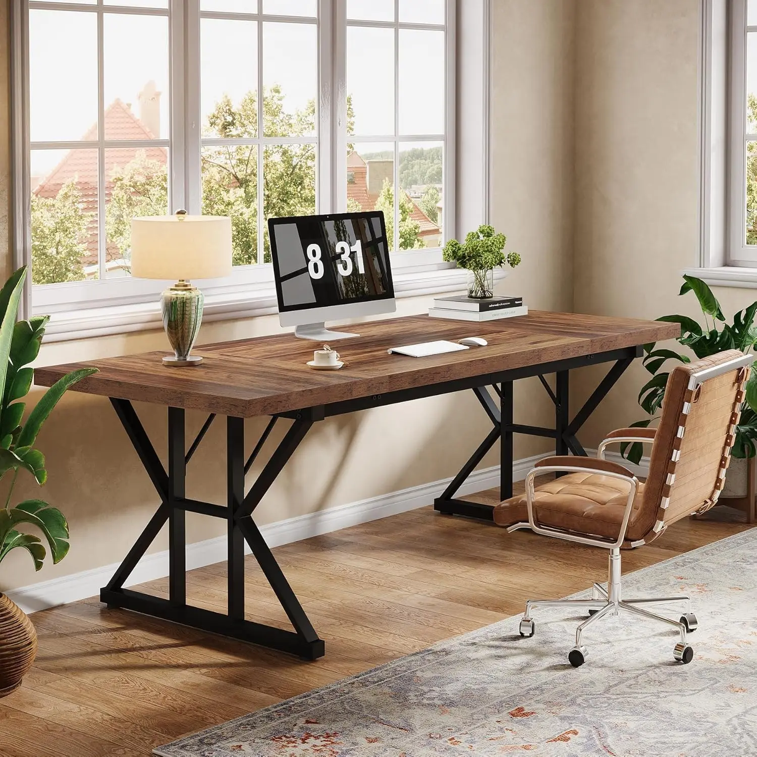 70.86-Inch Large Executive Desk, Industrial Home Office Computer Desk, Simple Long Writing Study Table Business Furni