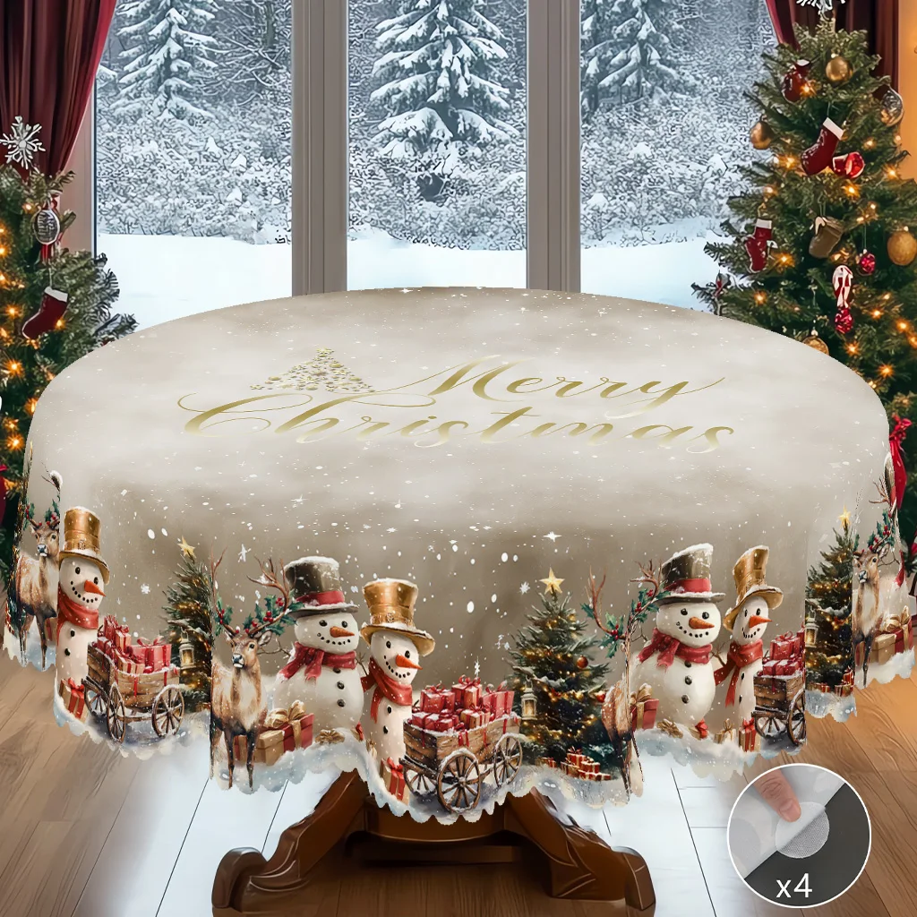 1 Piece of Christmas Round and Rectangular Tablecloth, Available in Various Sizes, High-End Vintage Snowman, Deer, Gift Box Print Khaki Tablecloth, Classic Christmas Decoration, Suitable for Everyday Use in Home Kitchens, Dining Rooms, Living Rooms, Patios, and Courtyards, Ideal as a Christmas Gift for Family and Friends