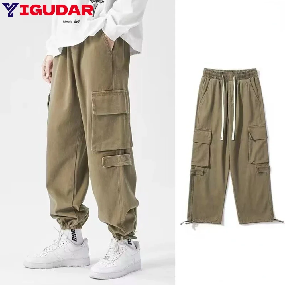 

2025 spring new Solid Color casual pants men's clothing fashion loose Japanese Spliced pockets handsome cargo Trousers men
