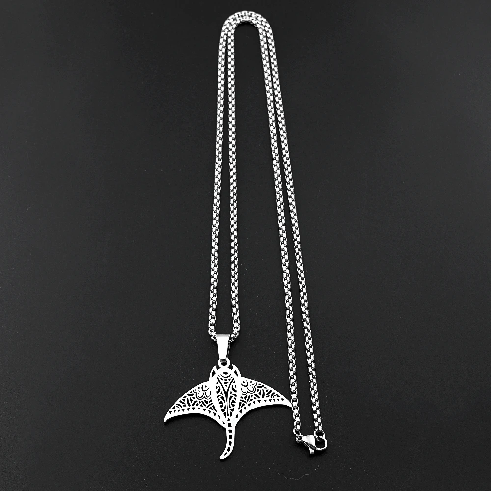 Manta Ray Polynesian Totem Kette für Damen und Herren, Edelstahl, silberfarben, Devil Ray, ethnische Halskette, Glanzfisch-Schmuck – Detail 8