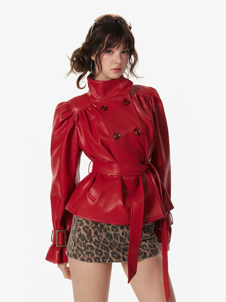 

Red Leather Jaet Women's Original Big Girl Faion Umbrella Folded Stand Collar Spicy Girl Top ort Coat Youth Winter Long...