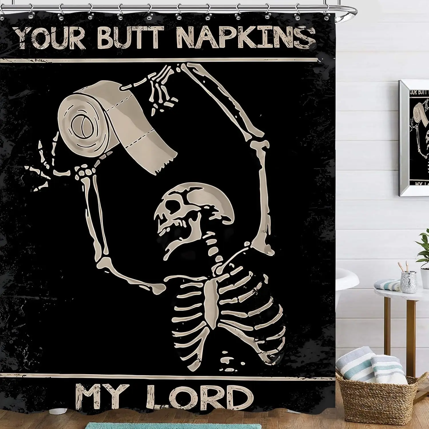 Funny Skeleton Skull Shower Curtain Waterproof Novelty Decor for Mens Gothic Grunge Bathroom Butt Napkins Art