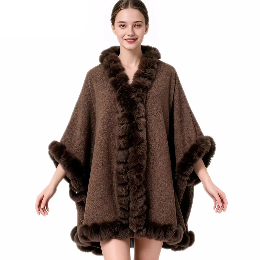 

Модная зимняя женская накидка из искусственного кроличьего меха, длинная свободная накидка-пончо, толстый теплый вязаный плащ