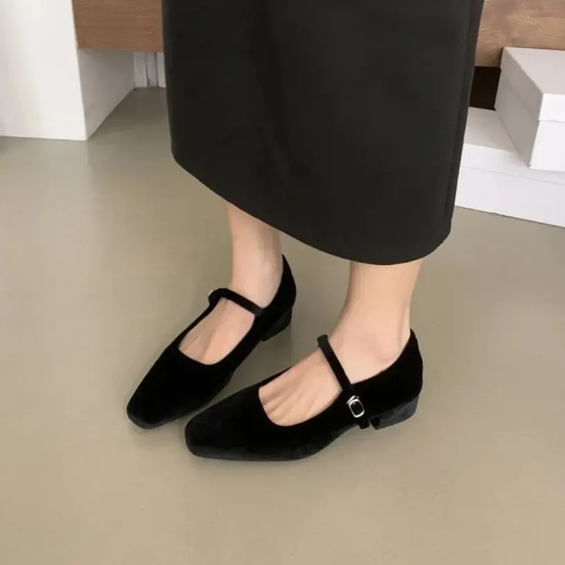 Bailamos Autumn New Women Velvet Flats Square Toe Shallow Buckle Ladies Elegant Sole Ballte Shoes Casual Loafers Shoes Muje