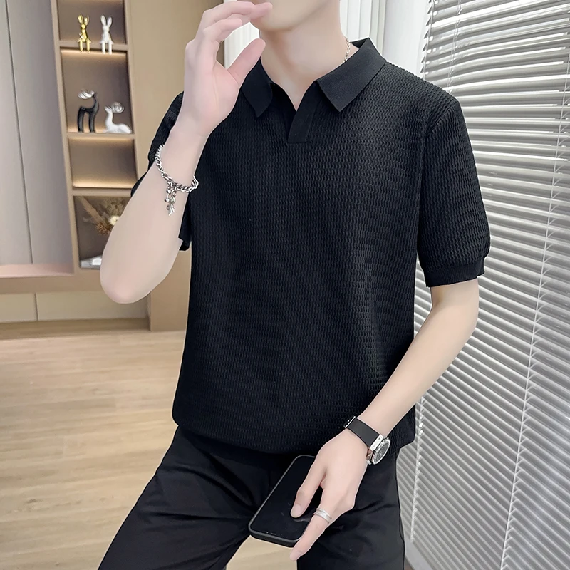 

Летняя мужская рубашка из конопляной пряжи с коротким рукавом, вязаная, с отложным воротником, цветная, высокого качества