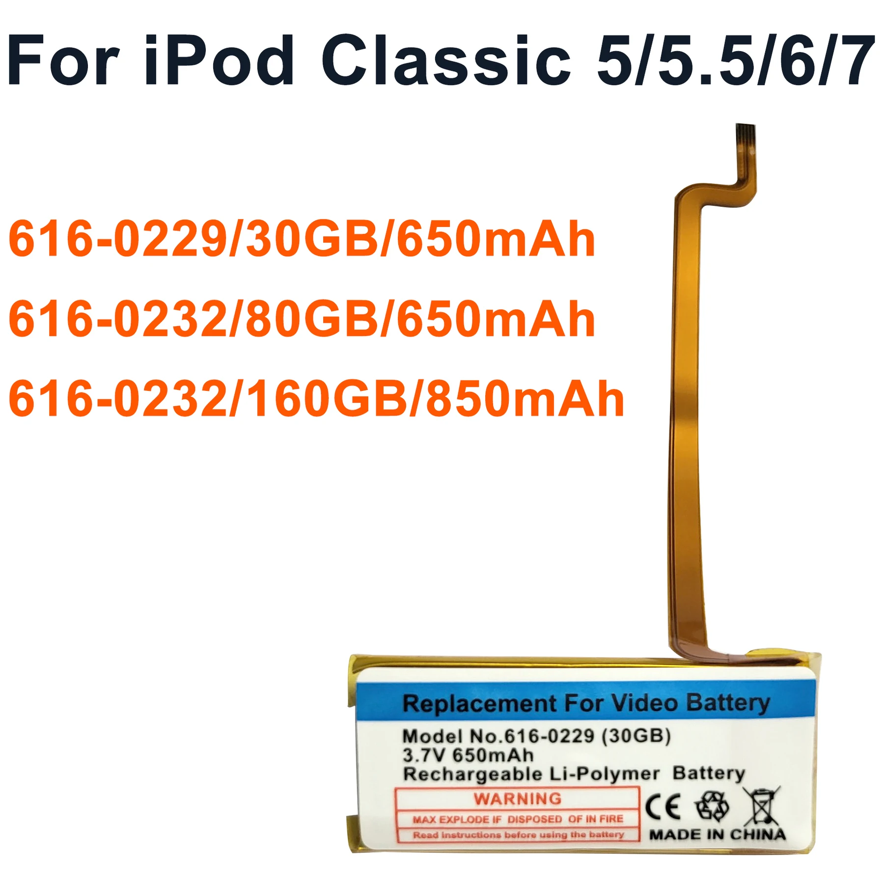 

650mAh Replacement Battery for ipod classic gen 6th 7th 80GB 120GB Thin 160GB for ipod 5/5.5 gen 30 gb 616-0229 battery +tools