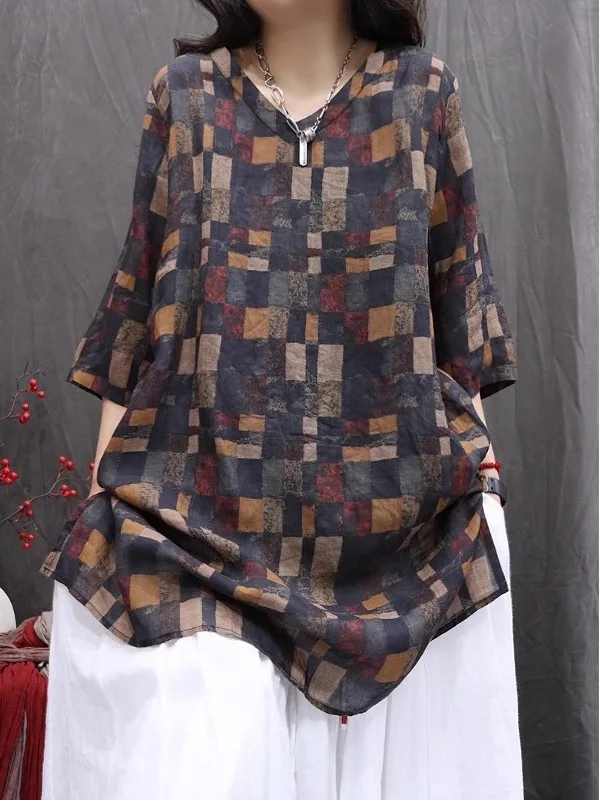Retro Flax irt V-ne Mid-length Sve Printed Top for Women Summer 2025 Loose Fit Thin Material Commute Sle