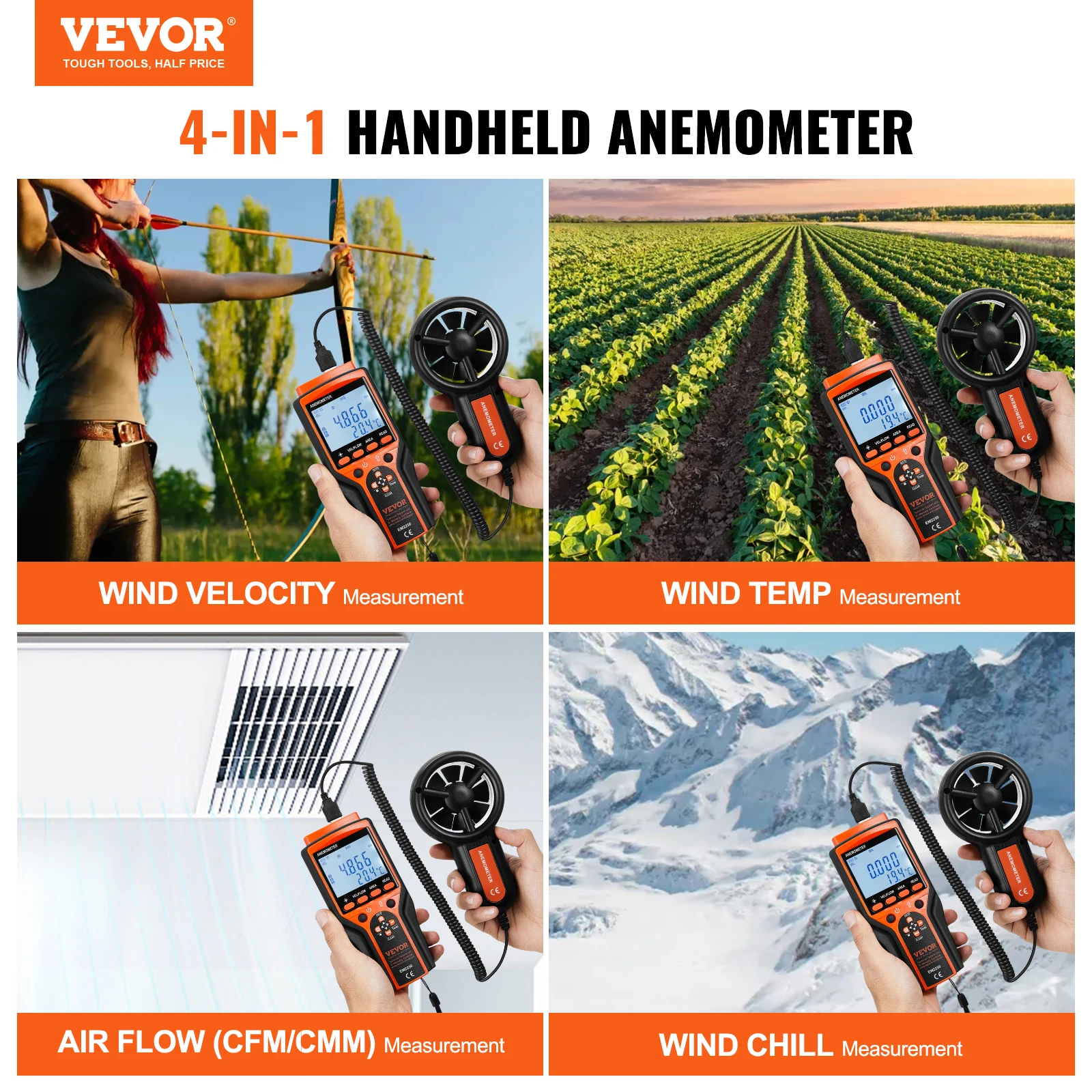 VEVOR Split Handheld Anemometer Digital Wind Speed CFM Meter Gauge Measures Wind Velocity Wind Temperature Air Flow Wind Chill