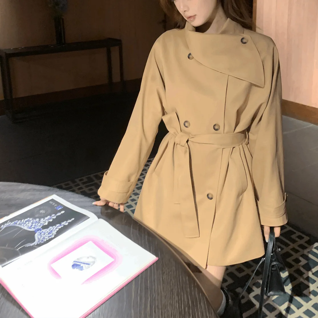 Herbst Home Schal Kragen Krawatte Taille-länge Mittellange Windjacke für Frauen Kleine Person Frühherbst