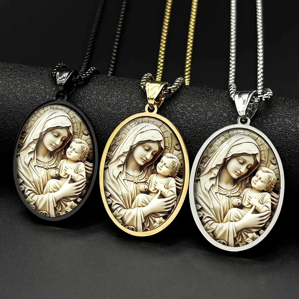 Jungfrau Maria Halten Baby Jesus Glas Medaille Anhänger Halskette Frauen Männer Edelstahl Katholische Mutter Maria Amulett Kette Schmuck