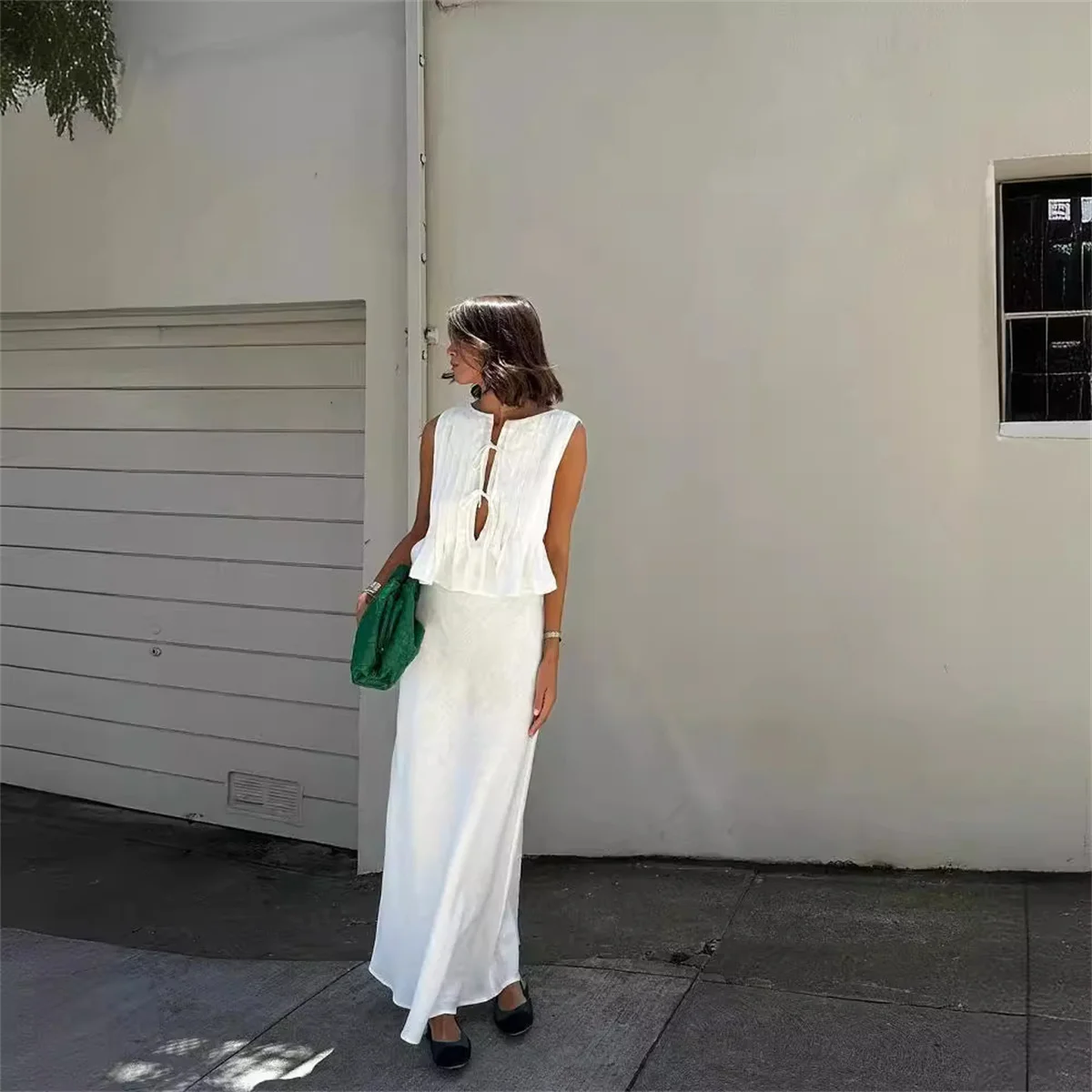 Chic Sleeveless Shirt Long Skirt 2 Pieces Set Folded Ruffles Lace Up Top Women Suits 2024 Summer Lady Office Highstreet Outfit