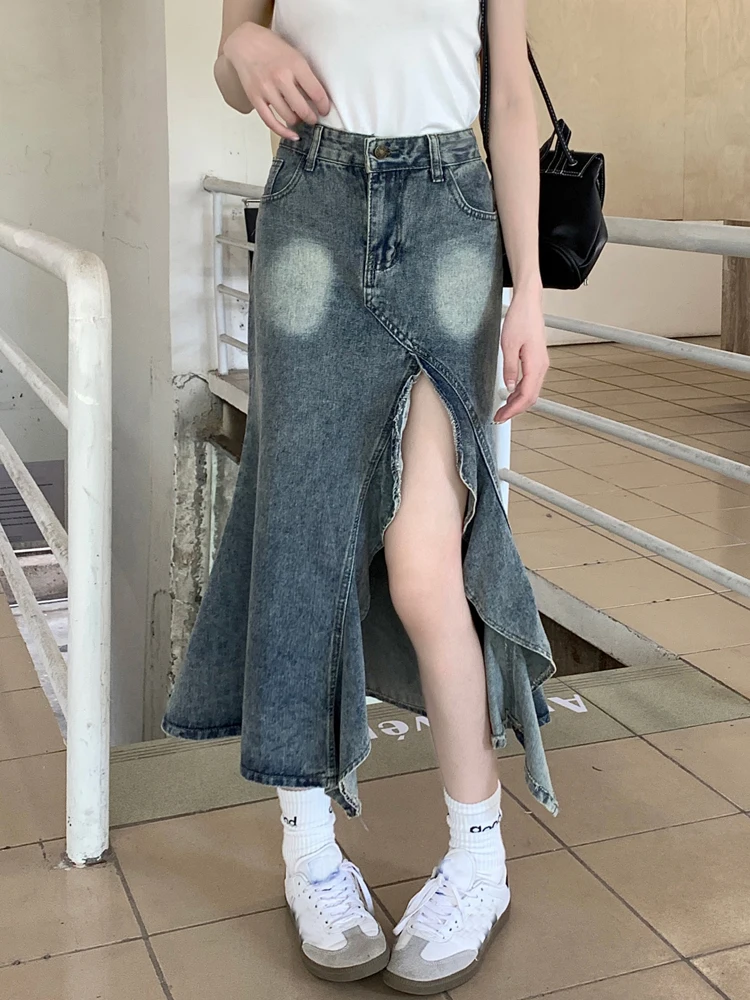 

2024 Summer Women's Mermaid Denim Skirt Irregular Split Fishtail Long Skirt High Waist Wrap Hip Harajuku Korean Midi Saias Jeans