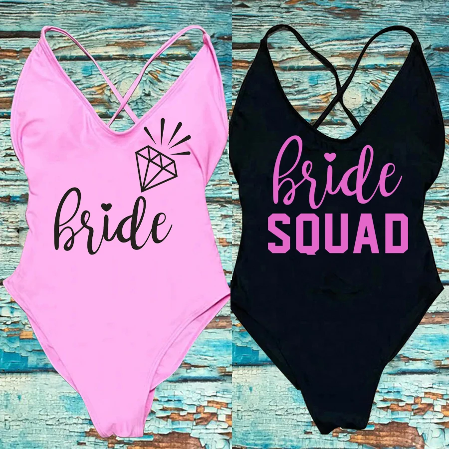 Padded One Piece Swimsuit Sexy BRIDE SQUAD Letter Print Swimwear Women Bikini Bathing Suit Summer Bodysuit Backless monokini