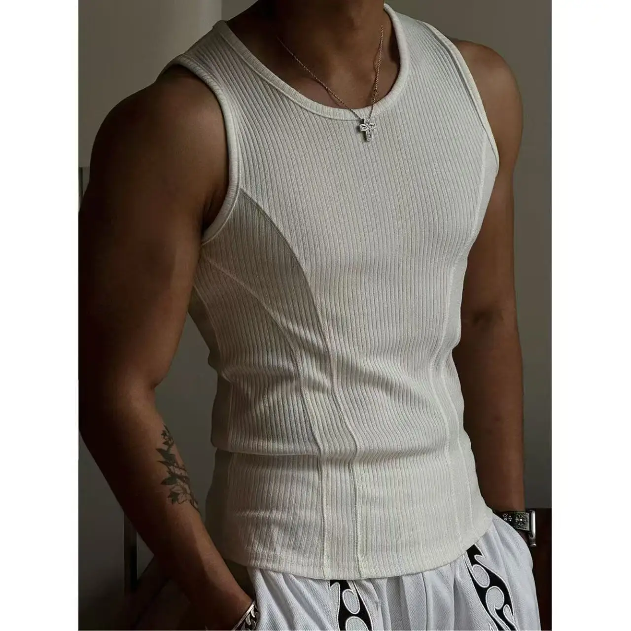 

Man Tank Top 2026 Summer American Style Spliced Vest For Men Slim Fit Sports Fitness Thick Ribbed High Elasticity Sweat