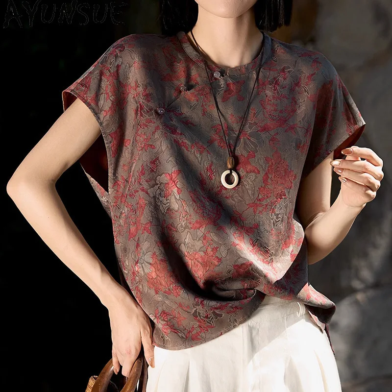 AYUNSUE 91% Mulberry Silk Women's T-shirts Neo Chinese Style Tops for Woman Summer Clothes for Woman High Quality Топ Женский