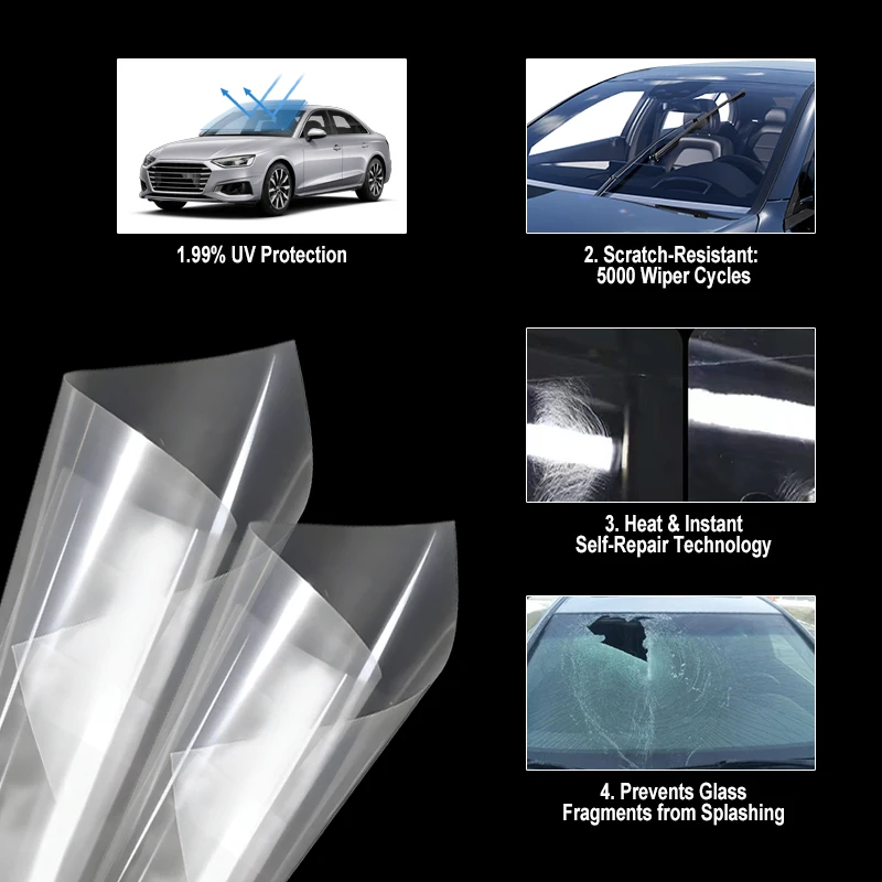 High Definition 7Mil KPU Windshield Protection Film 92% VLT UV 99% Heat Repair Self Repair Hydrophobic Clear