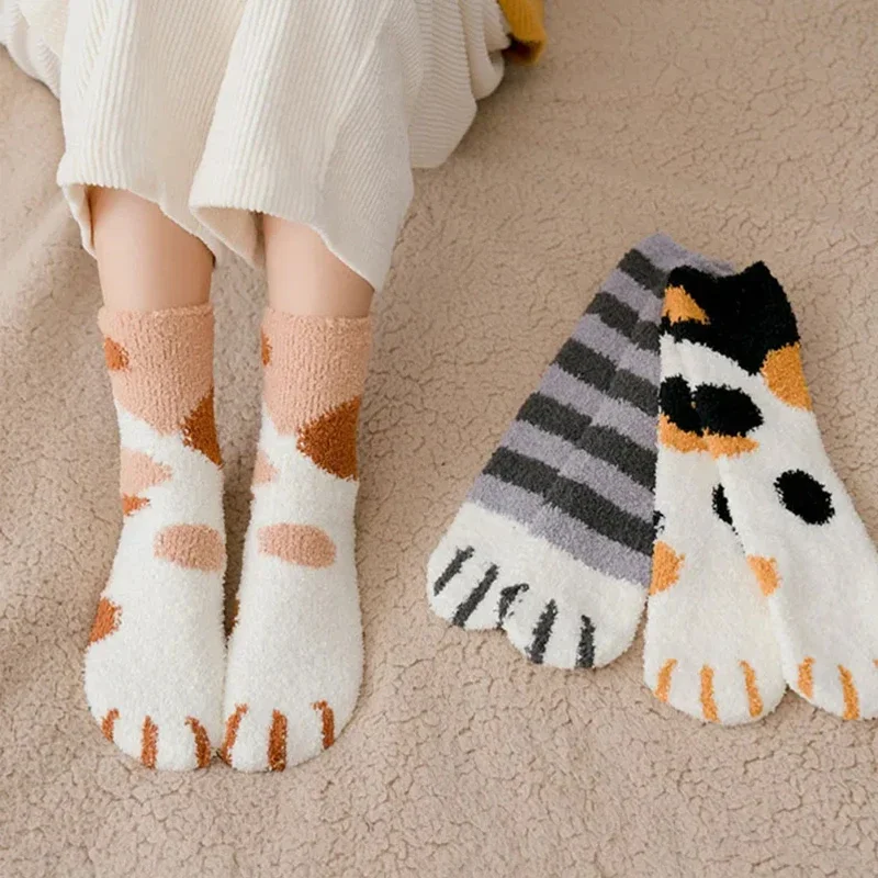 Plush Winter Funny Cute Style Animal Cat Paw Cartoon Pattern Women Cotton Socks Super Soft For Female House Sleeping Floor Sox