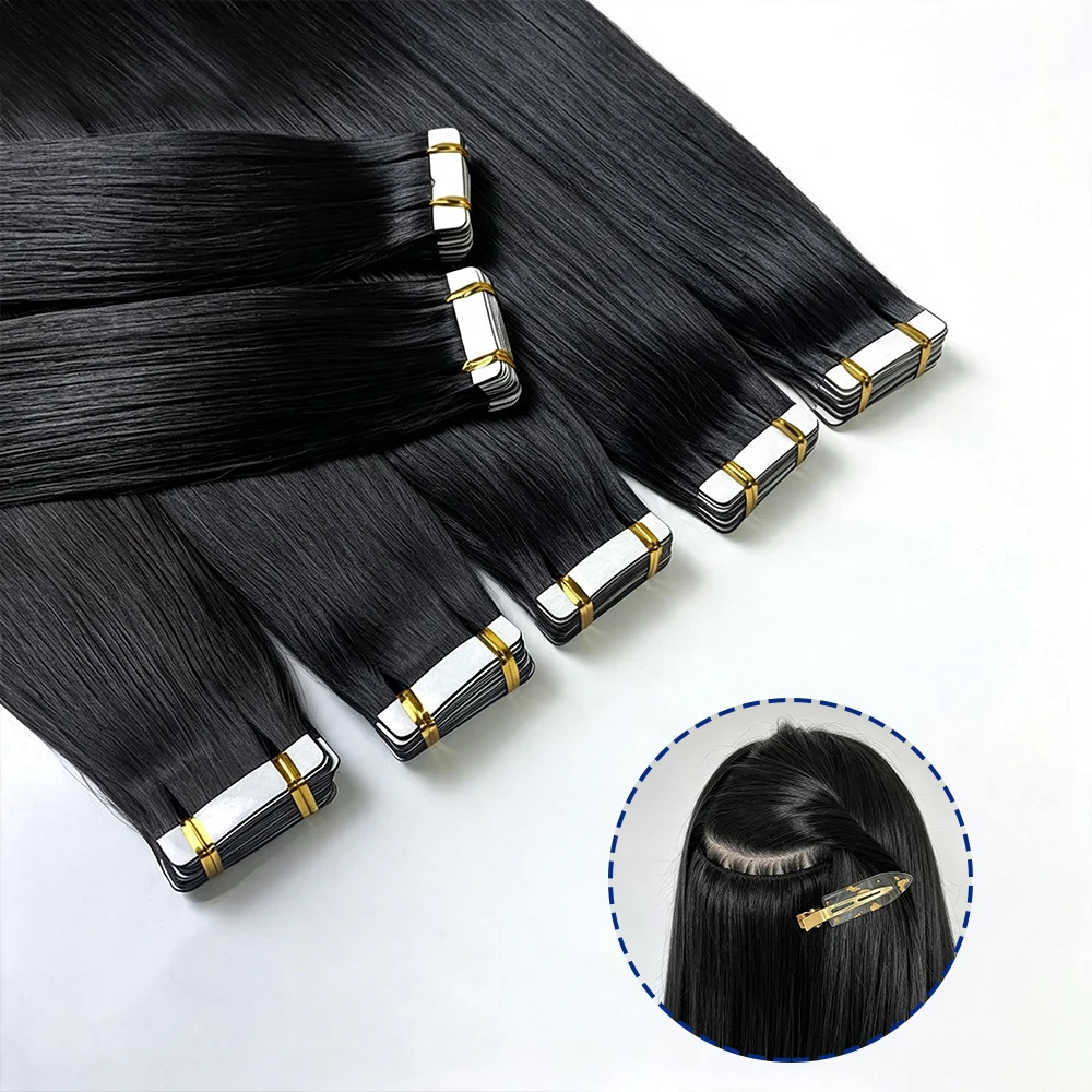 Tape In Hair Extensions 100% Human Hair Extensions Natural 1B Black Color 16-22 Inch Invisible Seamless PU Skin Weft No Weft Raw Hair 21Pcs/Pack Adhes