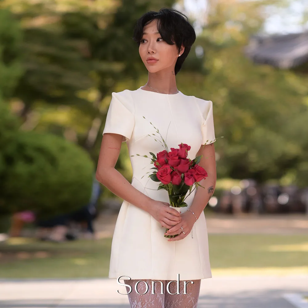 Sondr Elegant Short Korean Wedding Dress O-Neck Short Sleeves Photography Gown Mini Bridal Gown Party Dresses Customized