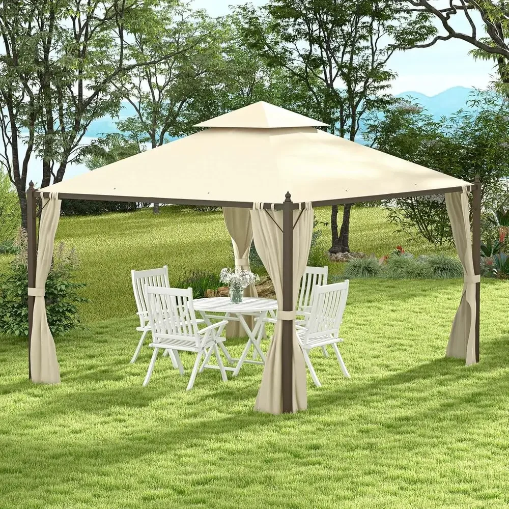 Large 10x12 Steel Patio Gazebo with Polyester Curtains and Two-Tier Roof
