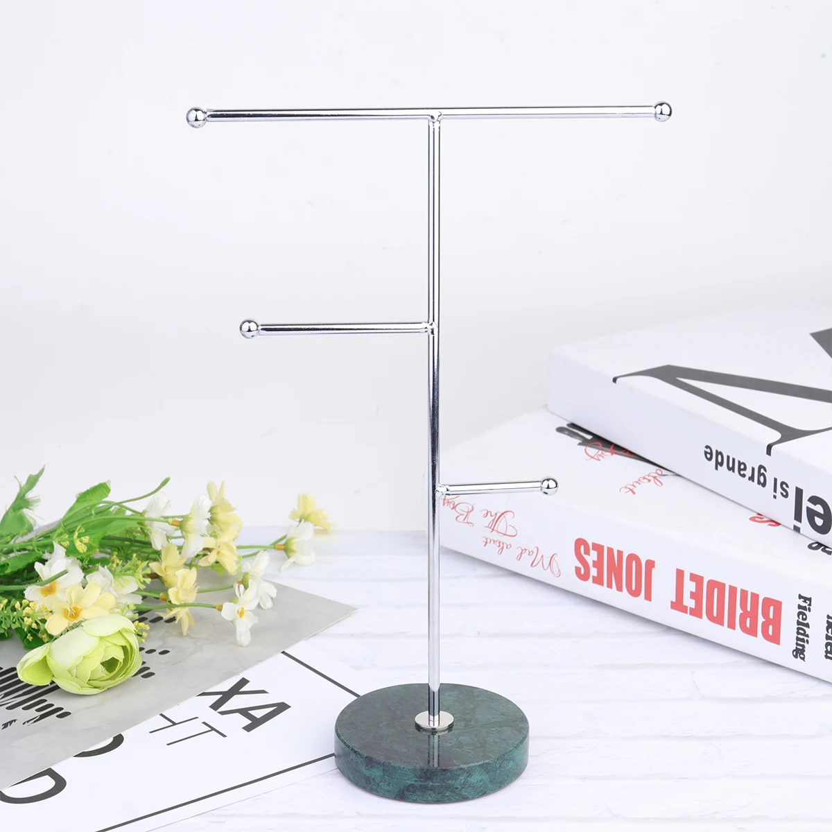 

Marble Plating Base T-shape Iron Rack Earring Jewelry Stand Jewelry Display Stand Mini Ring Storage Rack Organizer for Home Shop