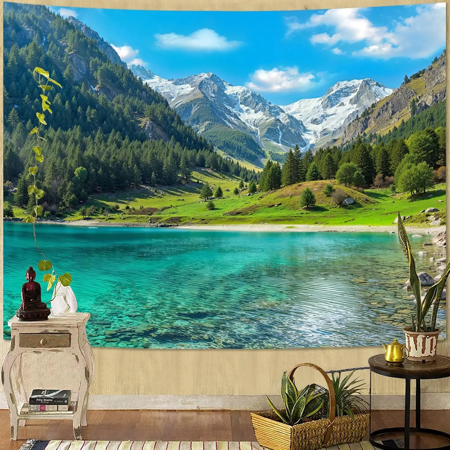 Nature Forest Mountain Tapestry Lush Green Pine Tree Lake Tapestry for Bedroom Aesthetic Meadow Mountain Landscape Small