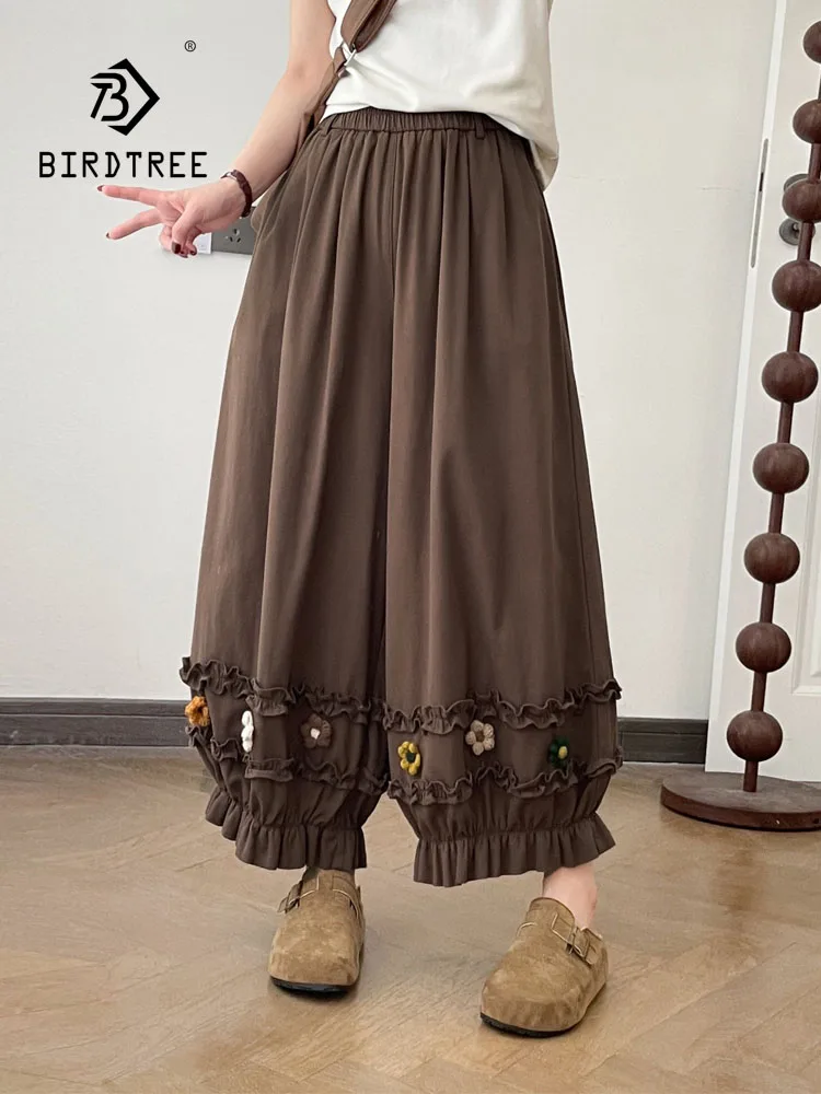 New 2026 Autumn Women Cotton Trousers, Elastic Waist 3D Floral Ruffles, Mori Girl Korean Age Reduction Bloomers Pants B67754CC
