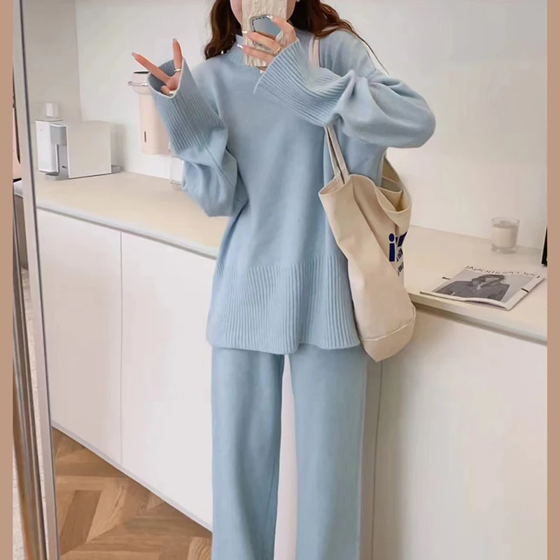 New Wool Cashmere Knitted Women\'s Two Pieces Set Casual Loose Turtleneck Long Sleeve Pullover Sweater + Wide Leg Pants Tracksuit