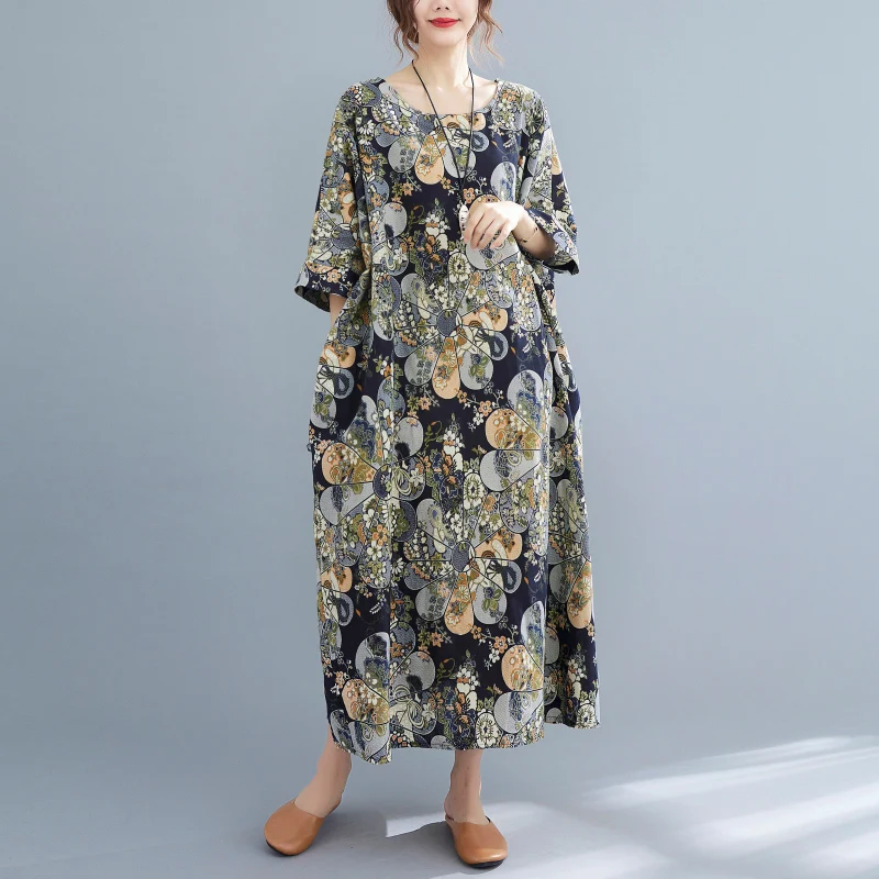 Rok A-Line Panjang Model Batwing Berbahan Katun Linen Motif Cetak untuk Wanita Ukuran Plus, Nyaman dan Bernapas untuk Musim Panas...