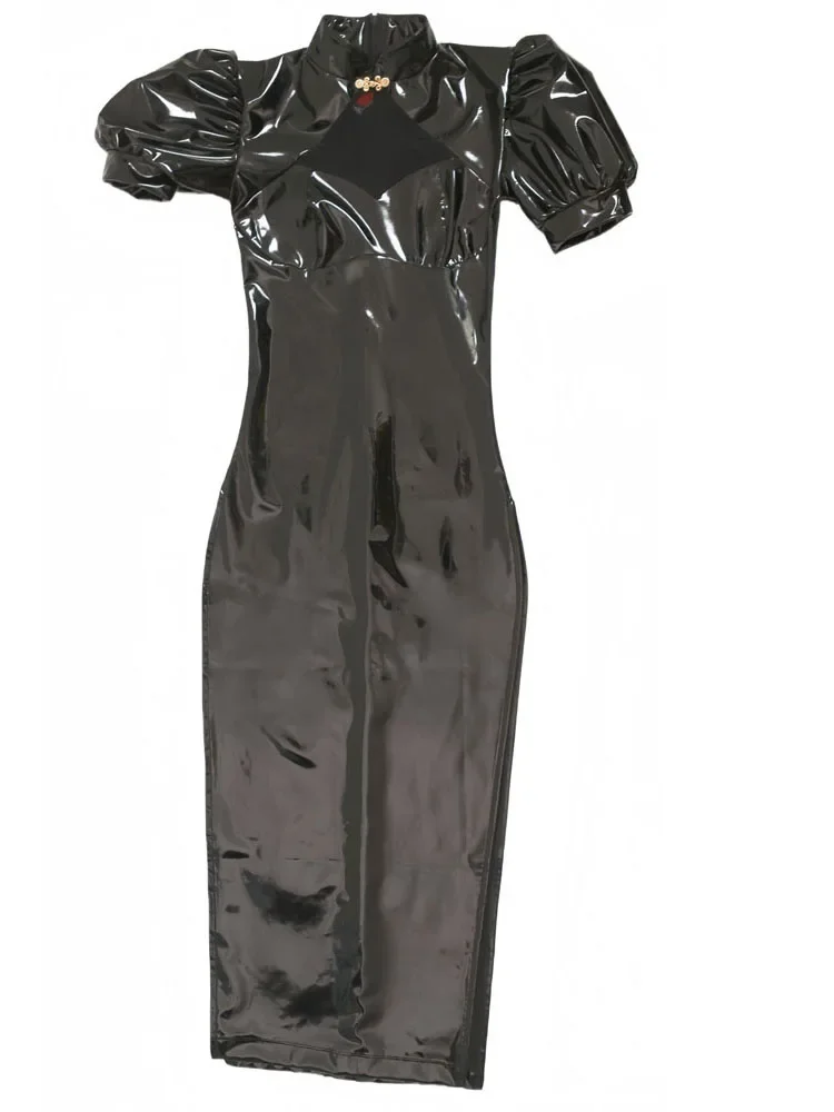 Modisches Damen PU Langes Kleid PVC Glänzendes Latex Ammoniak Ausgeschnittenes Elastisches Kleid Hochwertige Elegante Party Bodycon Kleider Übergröße