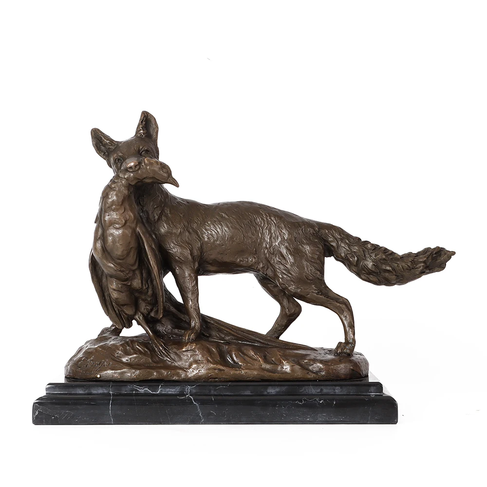 Bronze Fox Hunting Chicken Statue Sculpture Wildlife Animal Art Marble Base for Home Living Room Decor