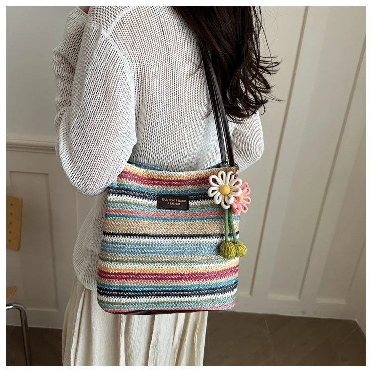 

Summer Vacation Rainbow Striped Straw Woven Handbag & Underarm Bag for Women, Fresh Personalized Design, Cute Crossbody Bag